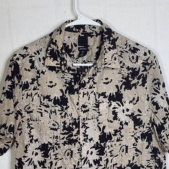 H&M Khaki Black Abstract Floral Print SS Cotton Button Up Regular Fit Shirt Sz M - Picture 2 of 16